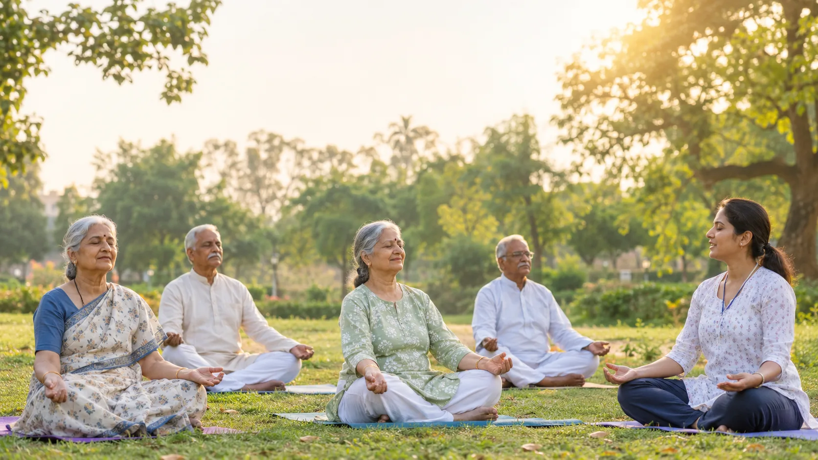 Indian senior citizens meditating together on yoga mats in a sunlit park at golden hour, guided by a young instructor — MHITR
